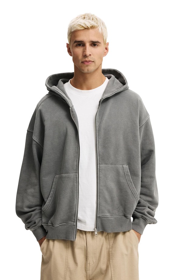 コットンオン メンズ アウター パーカー・スウェット クロップド Cotton Men\u0027s Cropped Zip Up Hoodie Slate Stone Wash スレート