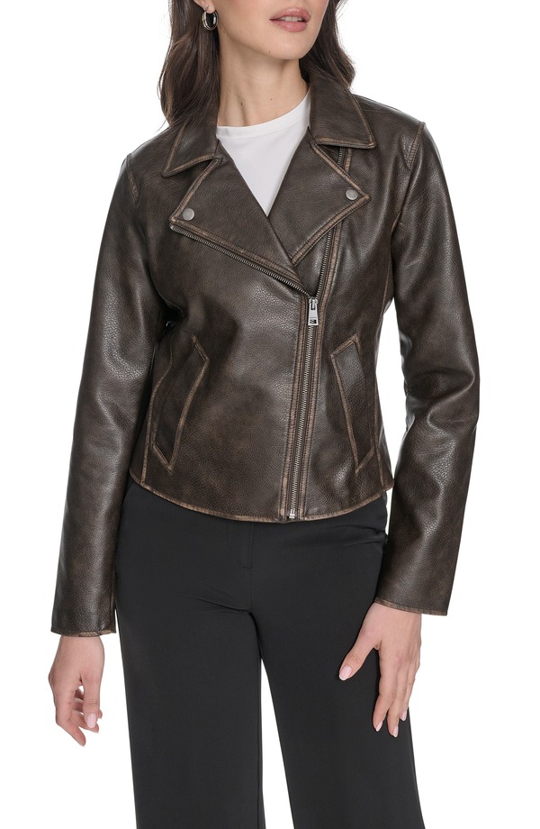 リーバイス レディース アウター ジャケット・ブルゾン レザー フェイクレザー Levi's Women's Essential Faux Leather Moto Jacket Brown ブラウン｜ReVida 店
