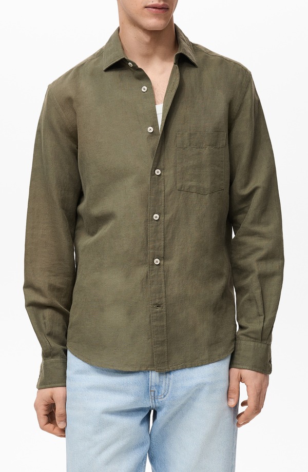 マンゴ メンズ トップス シャツ コットン リネン MANGO Classic Fit Linen & Cotton Button-Up Shirt Khaki Green グリーン