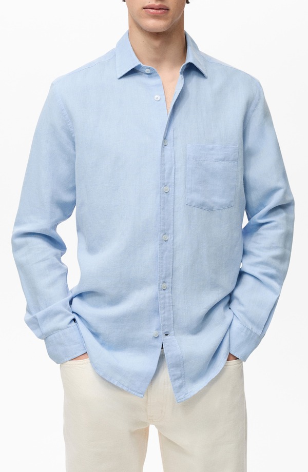 マンゴ メンズ トップス シャツ コットン リネン MANGO Classic Fit Linen & Cotton Button-Up Shirt Sky Blue ブルー