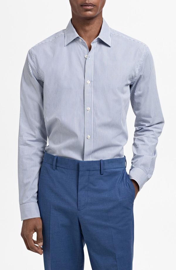 マンゴ メンズ トップス シャツ スリムフィット MANGO Stripe Slim Fit Button-Up Shirt Blue ブルー
