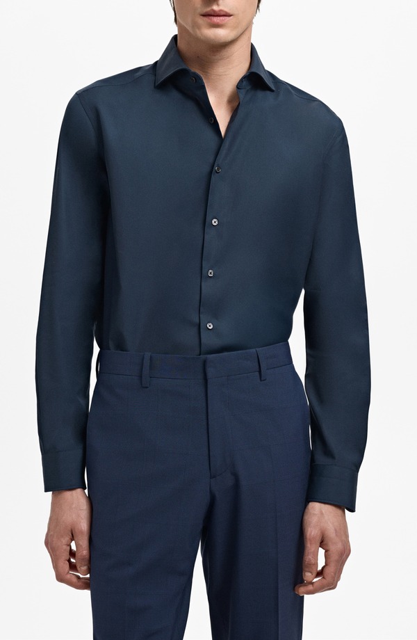マンゴ メンズ トップス シャツ スリムフィット コットン MANGO Slim Fit Cotton Poplin Button-Up Shirt Dark Navy ネイビー