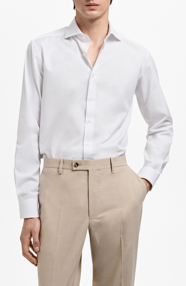 マンゴ メンズ トップス シャツ スリムフィット コットン MANGO Slim Fit Cotton Poplin Button-Up Shirt White ホワイト