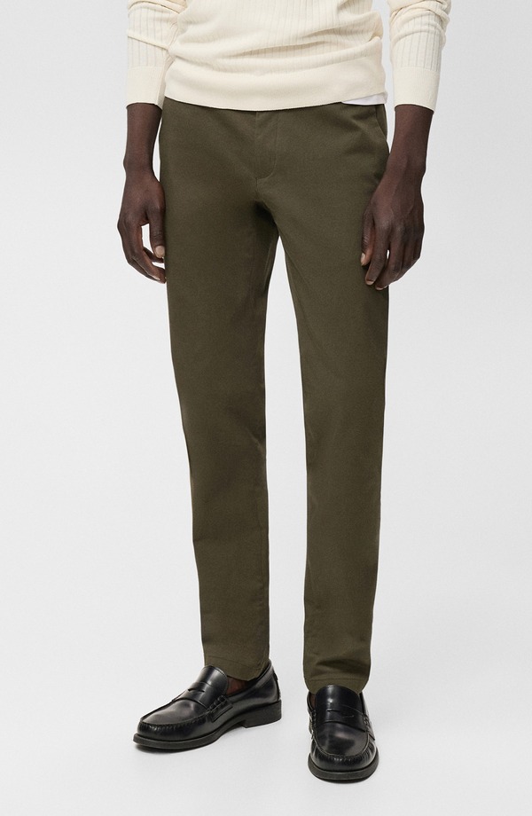 マンゴ メンズ ボトムス 心地好いズボン下 か細い相応う MANGO Barna Slim Fit Stretch Twill Chino Pants Khaki Green 緑であること ズボン・パンツ-メンズファッション