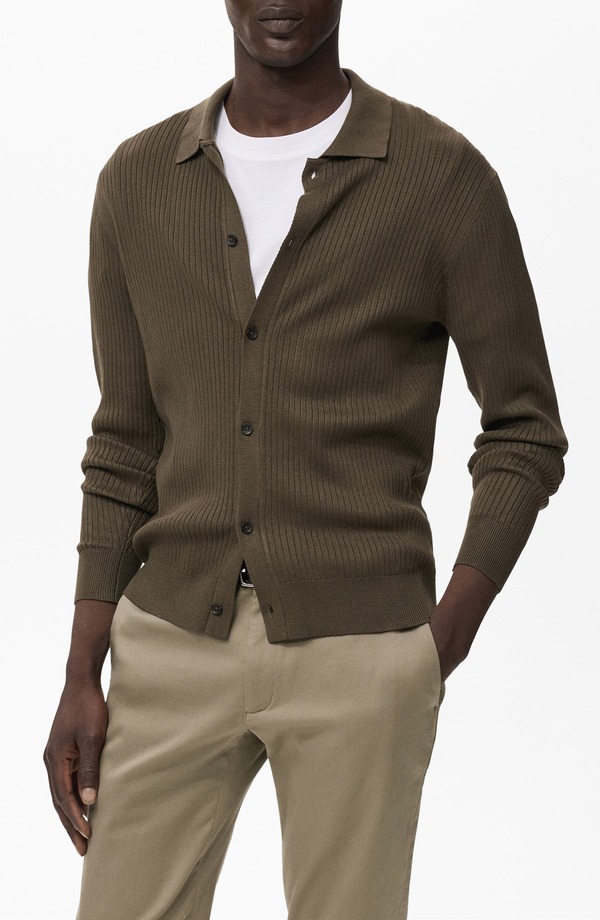 マンゴ メンズ アウター パーカー・スウェット 肋材 ジレー MANGO Ribbed Full Button Cardigan Khaki Green 緑であること