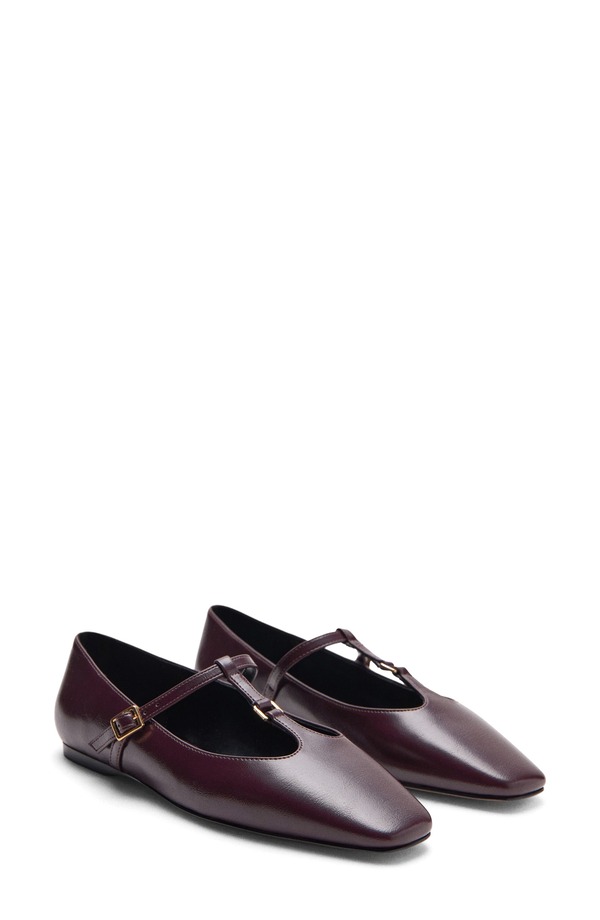 マンゴ レディース シューズ パンプス MANGO T-Strap Flat Burgundy バーガンディ