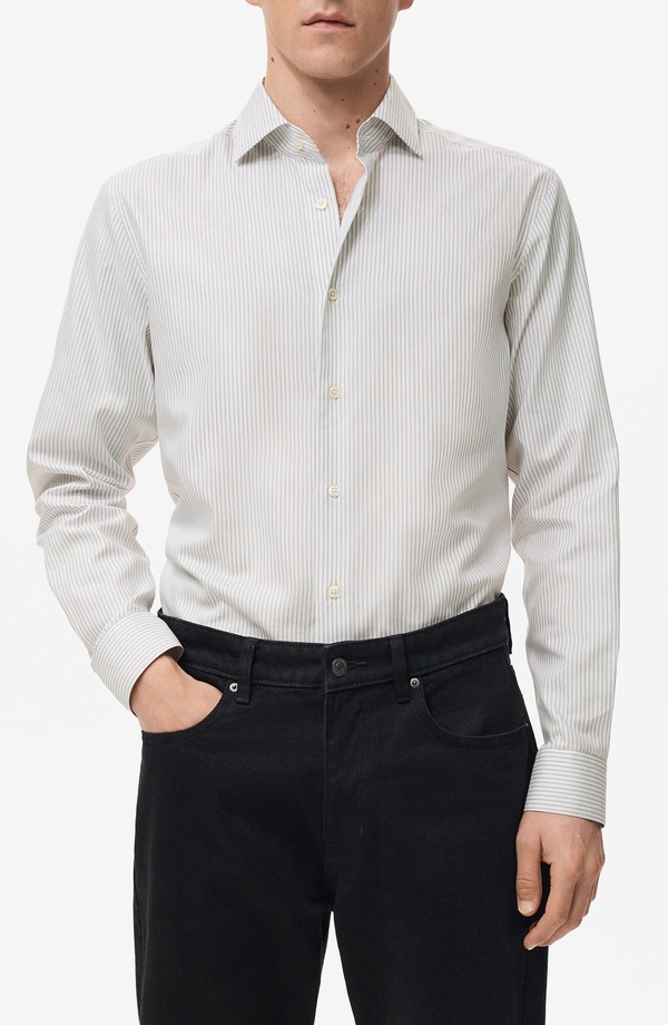 マンゴ メンズ トップス シャツ スリムフィット コットン MANGO Slim Fit Stripe Cotton Button-Up Shirt Light Heather Grey グレー 18,735円