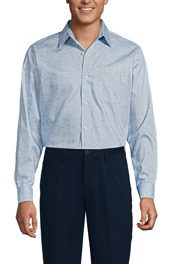 ランズエンド メンズ トップス シャツ Lands' End Solid No Iron Supima Pinpoint Straight Collar Dresshirt Oasis Blue/White Ditsy ホワイト
