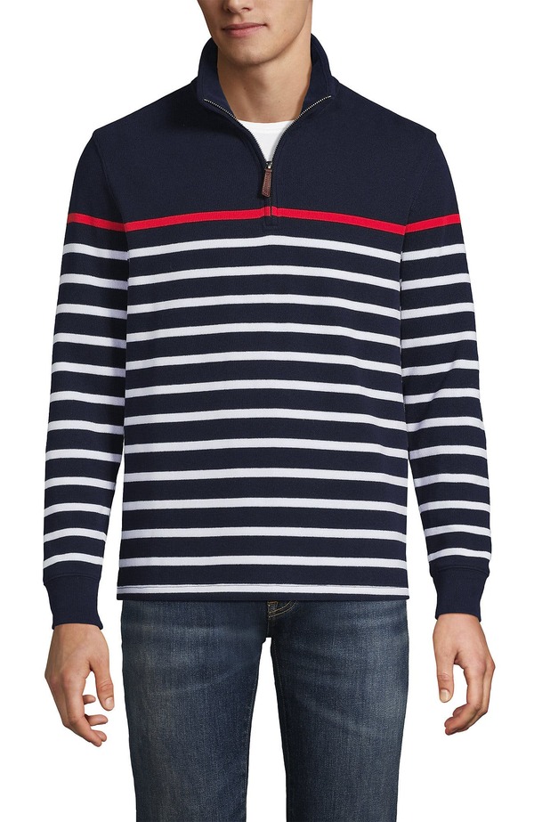ランズ挙げ句の果て メンズ アウター パーカー・スウェット ハーフジップ スウェーター Lands\u0027 End Bedford Rib Casual Quarter Zip Sweater Navy/White Placed Stripe 白いこと