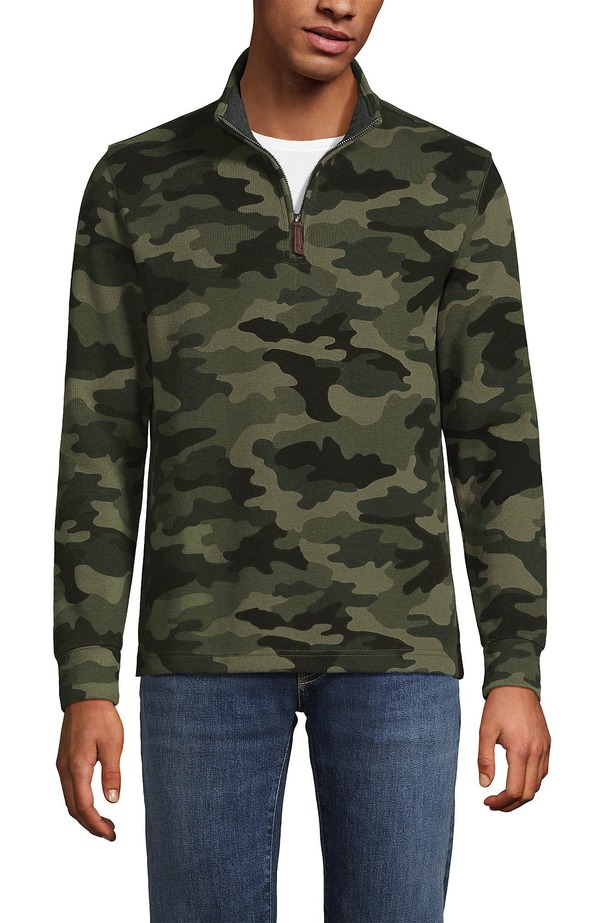 ランズ挙げ句の果て メンズ アウター パーカー・スウェット ハーフジップ スウェーター Lands\u0027 End Bedford Rib Casual Quarter Zip Sweateriver Stone Green Camo 緑であること