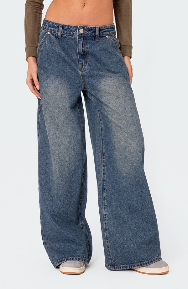 アディクテッド レディース ボトムス デニムパンツ ワイドレッグ ジーンズ EDIKTED Baggy Wide Leg Jeans Blue ブルー