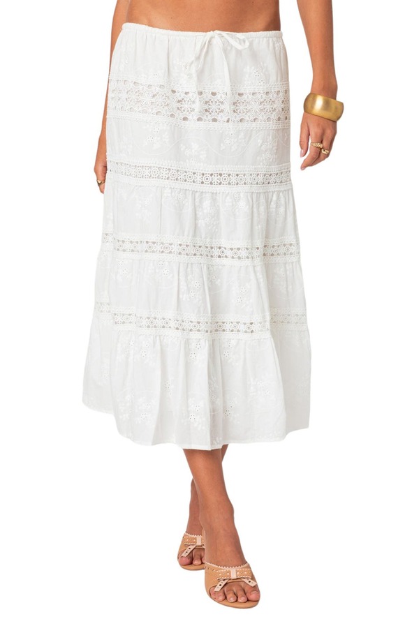 アディクテッド レディース ボトムスカート ミディ コットン EDIKTED Eyelet Embroidery Cotton Midi Skirt White ホワイト
