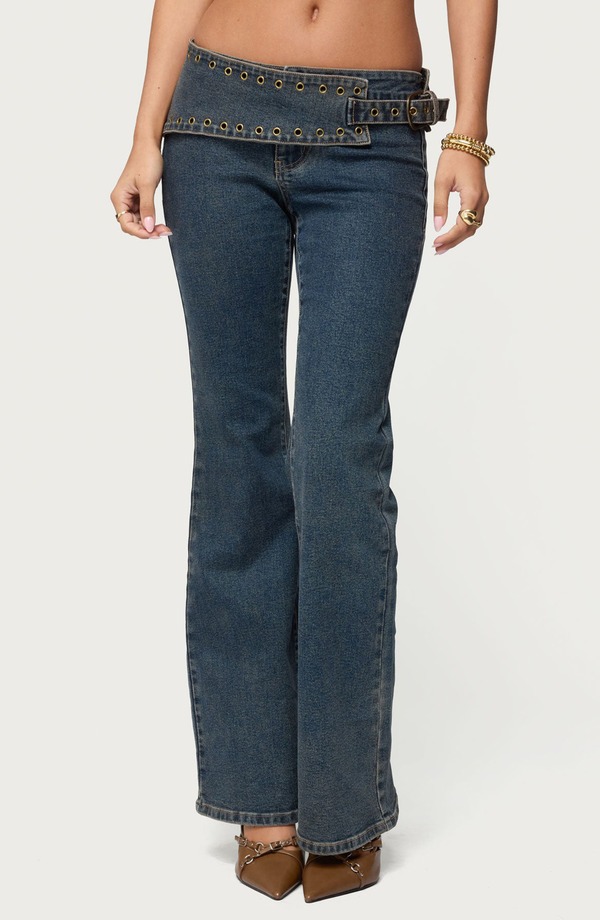 アディクテッド レディース ボトムス デニムパンツ アシンメトリー ローライズ ジーンズ EDIKTED Asymmetric Grommet Detailow Rise Jeans Blue-Vintage-Washed ブルー