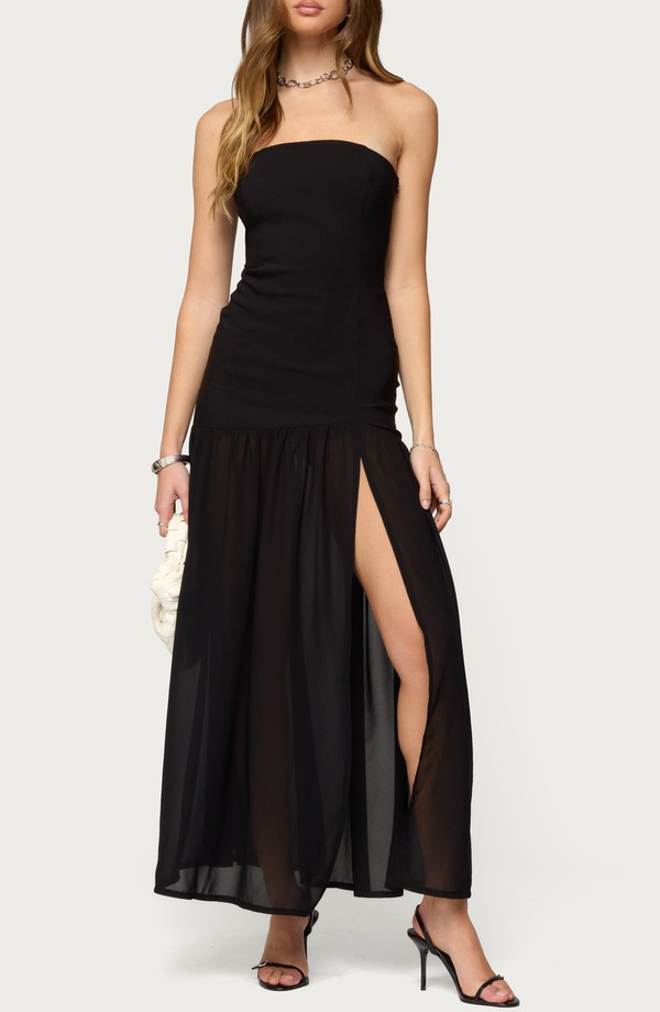 アディクテッド レディース トップス ワンピーストラップレス マキシ EDIKTED Marisa Strapless Drop Waist Mixed Media Maxi Dress Black 黒いこと