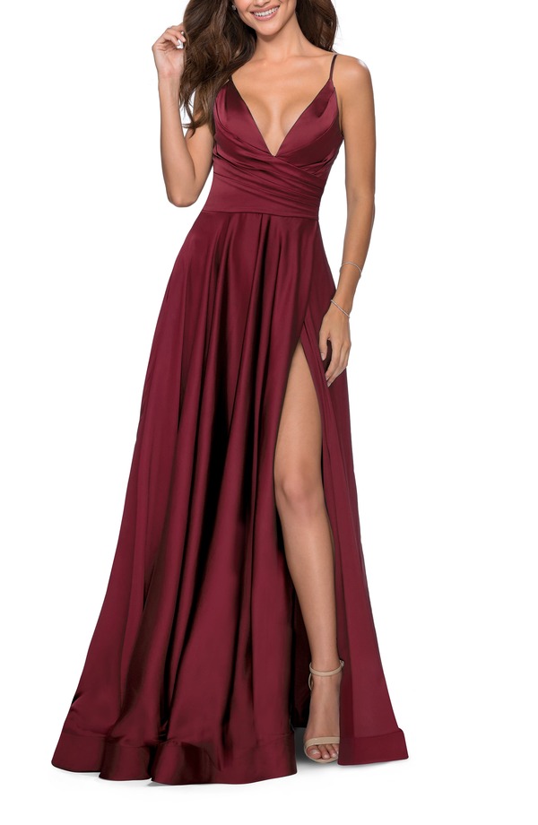 ラフェム レディース トップス ワンピース サイドスリット サテン La Femme Long Satin Dress with Side Slit and V Shaped Back Wine ワイン