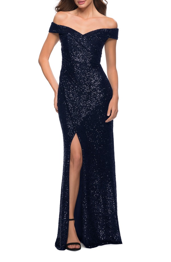 ラフェム レディース トップス ワンピース ギャザー スパンコール La Femme Off the Shoulderuched Sequin Dress with Slit Navy ネイビー
