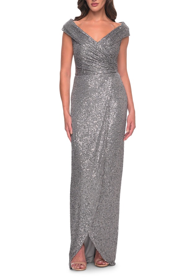 ラフェム レディース トップス ワンピース Vネック スパンコール La Femme Sequin Long Evening Dress with Ruching and V Neck Silver シルバー 63,690円