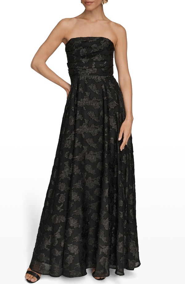 ダナ キャラン ニューヨーク レディース トップス ワンピース ギャザー トール ストラップレス Donna Karanew York Ruched Metallic Strapless Gown Black ブラック