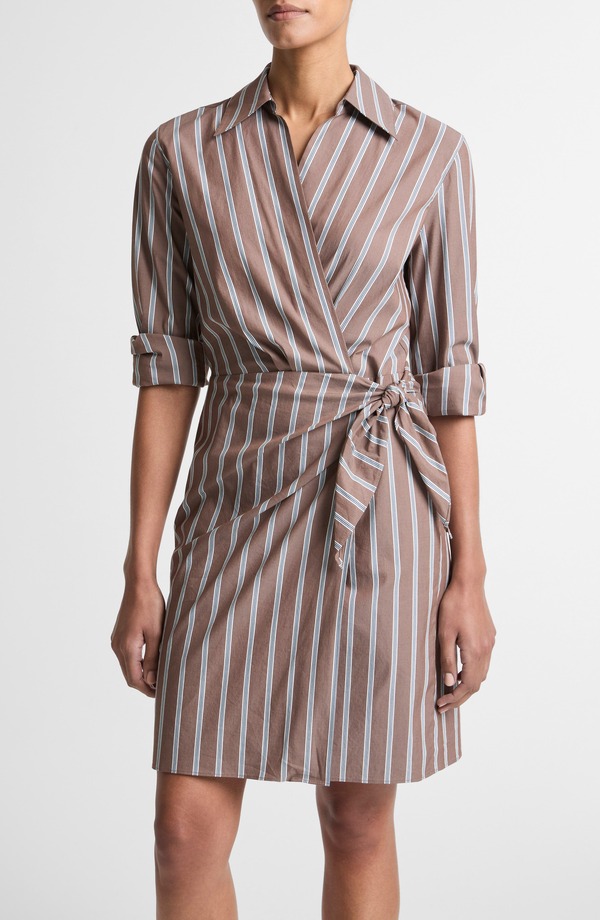 ヴィンス レディース トップス ワンピース Vince Stripe Long Sleeve Tie Waist Dress Brown Multi ブラウン