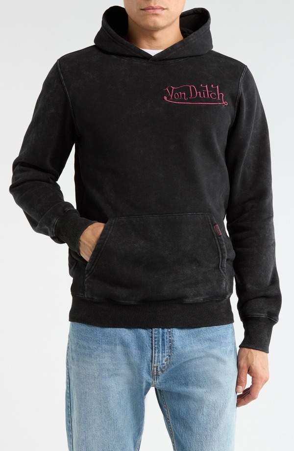 フォンダッチ メンズ アウター パーカー・スウェット 刺しゅう ロゴタイプ フリース Von Dutch Logo Embroidered Fleece Pullover Hoodie Black Mineral Wash 黒いこと メンズファッション-パーカー-トップス