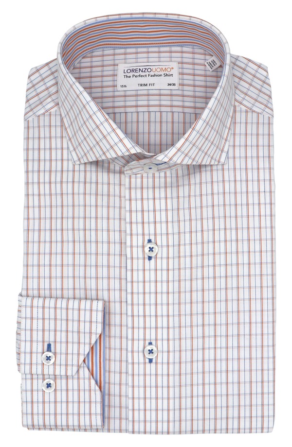 ロレンゾウオモ メンズ トップス シャツ オックスフォード コットン Lorenzo Uomo Trim Fit Plaid Cotton Oxford Cloth Dresshirt White/ Orange/ Blue ホワイト