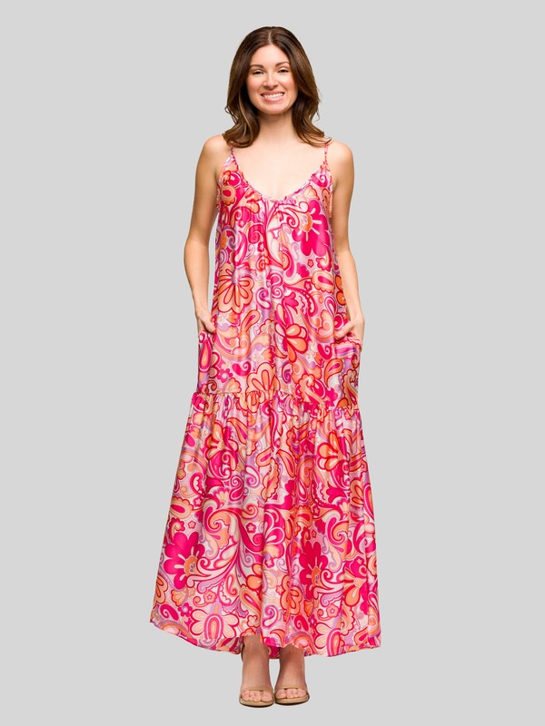 24 セブンコンフォート レディース トップス ワンピース プリント マキシ 24seven Comfort Apparel Pink Print Lightweight Spaghetti Strapocket Maxi Dress Pink Multi ピンク