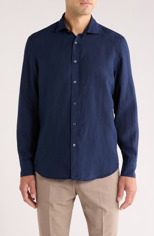 ブガッチ メンズ トップス シャツ リネン Bugatchi Axel Shaped Fit Linen Button-Up Shirt Navy ネイビー
