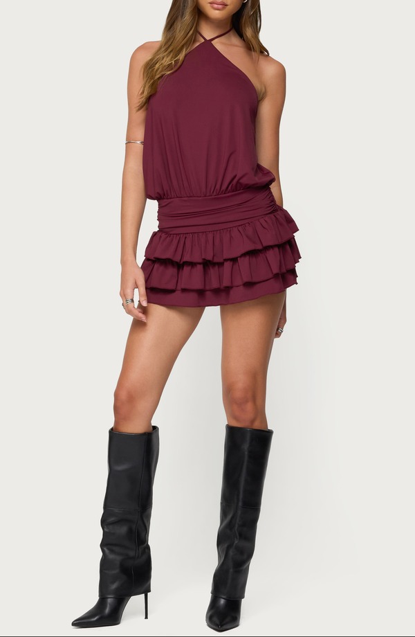 アディクテッド レディース トップス ワンピース フリル ミニ ホルター EDIKTED Fontellayered Ruffle Halter Minidress Burgundy バーガンディ