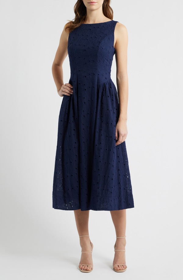 オールインフボール レディース トップス ワンピース ミディ All in Favor Broderie Anglaise Fit & Flare Midi Dress Navy ネイビー