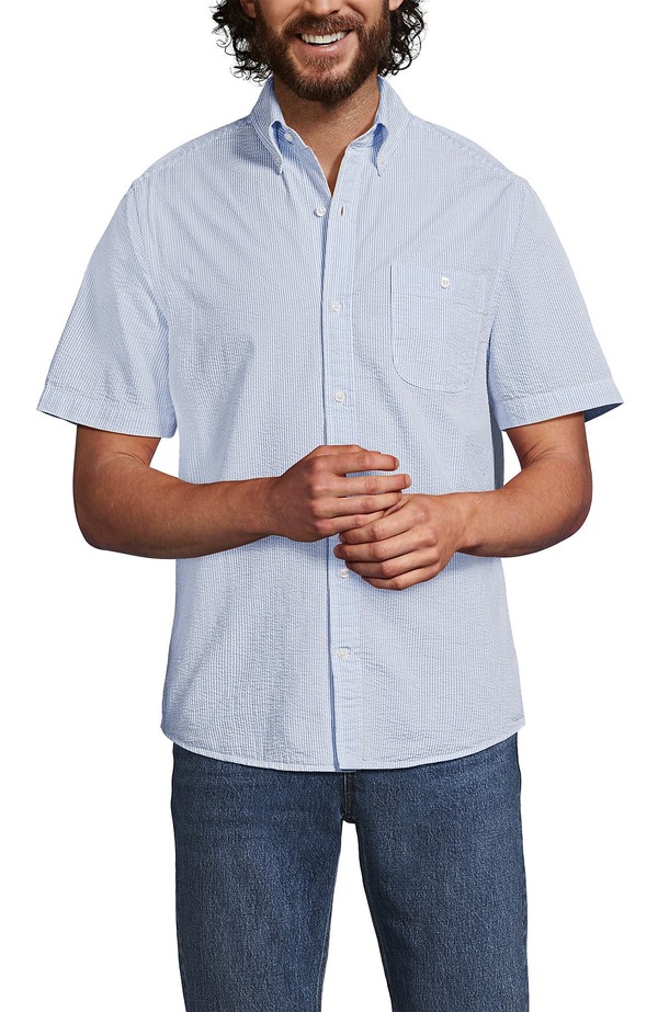 ランズエンド メンズ トップス シャツ Lands' End Short Sleeve Seersucker Shirt Soft French Blue Stripes ブルー