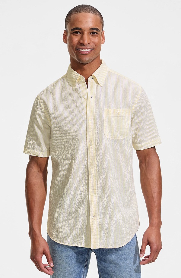 ランズエンド メンズ トップス シャツ Lands' End Short Sleeve Seersucker Shirt Sweet Butter Stripes ストライプ
