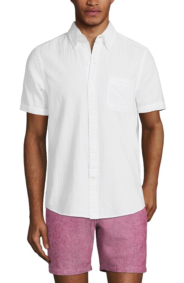 ランズエンド メンズ トップス シャツ Lands' End Short Sleeve Seersucker Shirt White ホワイト