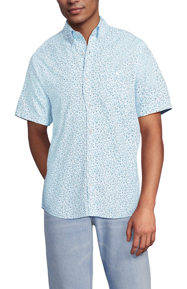 ランズエンド メンズ トップス シャツ Lands' End Short Sleeve Seersucker Shirt White/Pale Sky Daisy Ditsy ホワイト