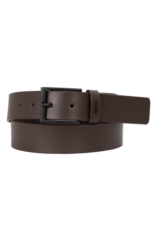 元締め メンズ 付属品 胴締め なめし革 BOSS Timon Leather Belt Dark Brown 赤銅色