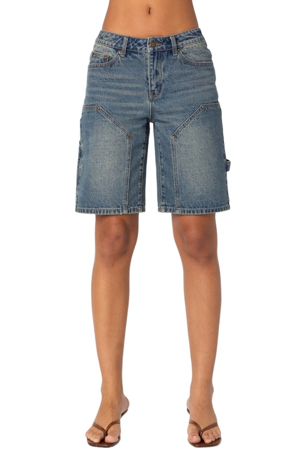 アディクテッド レディース ボトムス デニムパンツ ローライズ ショートパンツ EDIKTED Low Rise Denim Carpenter Bermuda Shorts Blue ブルー|ReVida 店