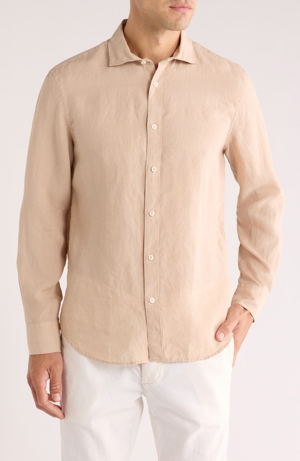 ブガッチ メンズ トップス シャツ リネン Bugatchi Axel Shaped Fit Linen Button-Up Shirt Sand サンド