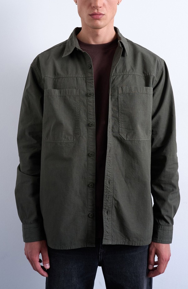 いの一番マン メンズ トップス プルオーバー レギュラー填まる Topman Regular Fit Ripstop Button-Up Shirt Khaki カーキ