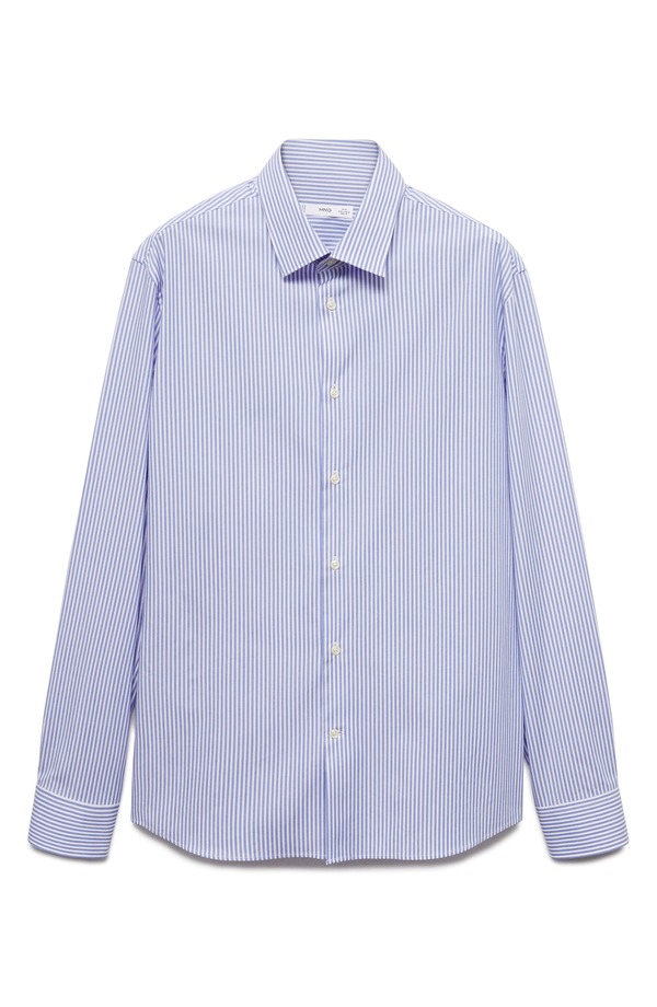 マンゴ メンズ トップス シャツ スリムフィット コットン MANGO Slim Fit Pinstripe Stretch Cotton Button-Up Shirt Blue ブルー