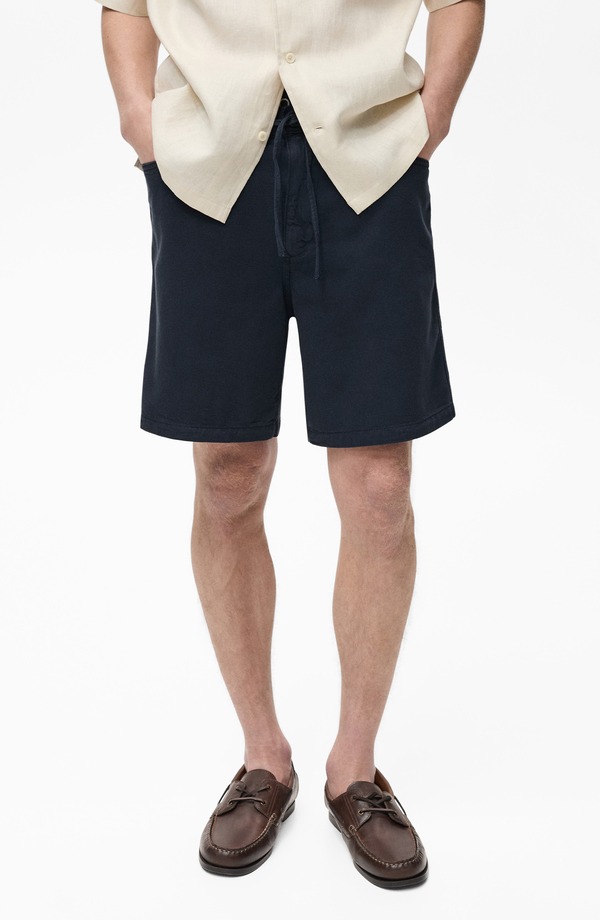 マンゴ メンズ ボトムス デニムパンツ ドローコードウエスト ショートパンツ MANGO Drawstring Waist Denim Shorts Dark Navy ネイビー｜ReVida 店