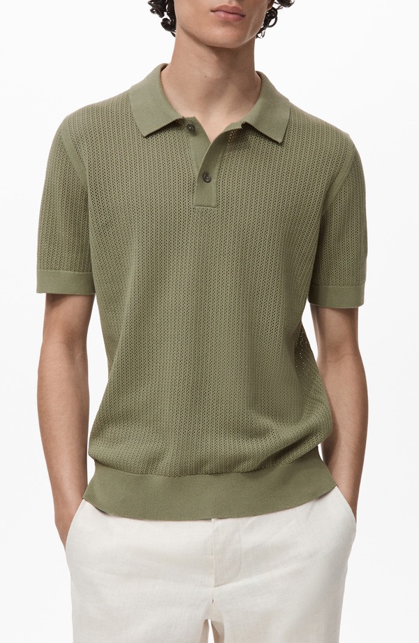 マンゴ メンズ トップス ポロシャツ コットン ニット MANGOpenworknit Cotton Polo Green グリーン｜ReVida 店 17,985円