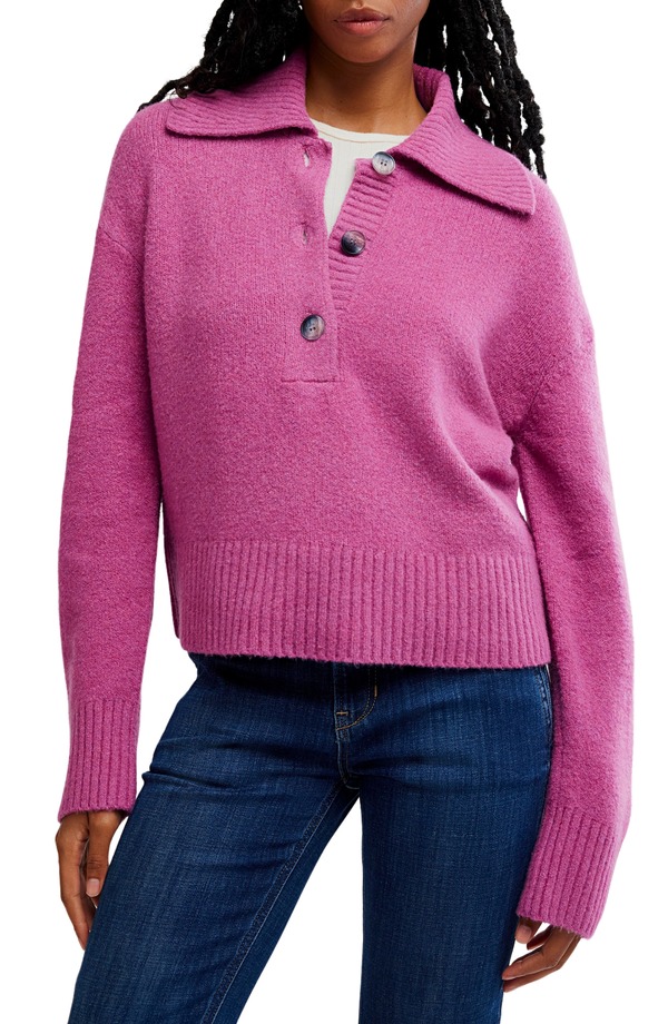 フリーピープル レディース アウター パーカー・スウェット ポロシャツ セーター コットン Free People Trading Up Cotton Blend Polo Sweater Magenta Haze Melange マゼンタ