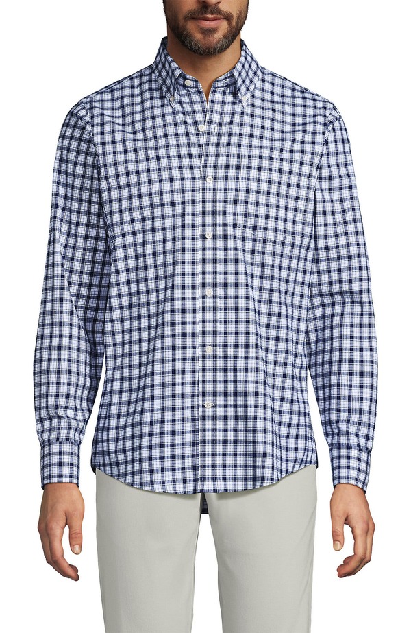 ランズエンド メンズ トップス シャツ Lands' End Traditional Fit No Iron Twill Shirt Deep Sea Navy/Tourmaline Plaid ネイビー