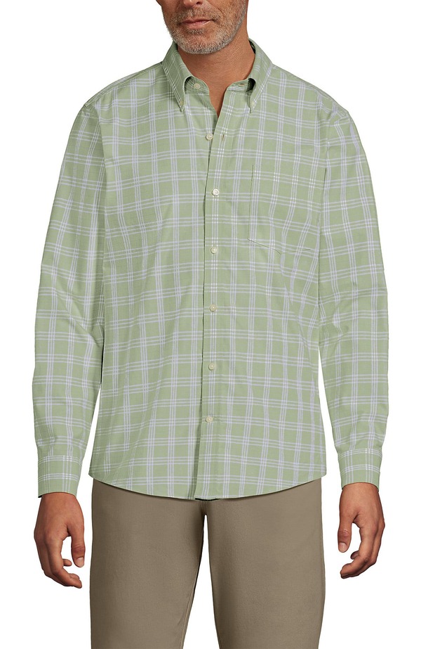 ランズエンド メンズ トップス シャツ Lands' End Traditional Fit No Iron Twill Shirt Light Stone Green Plaid グリーン