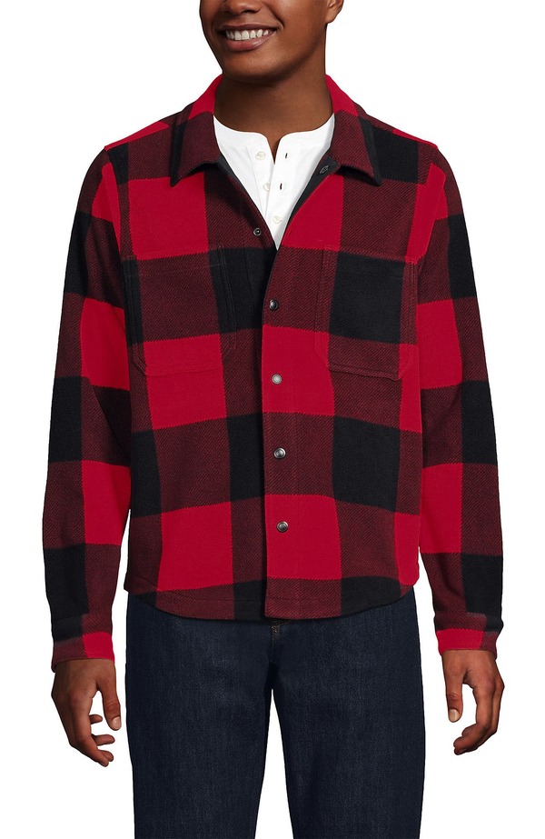 ランズ挙げ句のはて メンズ アウター 上衣・上衣 プルオーバー フリース Lands\u0027 End Anyweather Fleece Shirt Jacket Compass Red Large Check 赤いこと