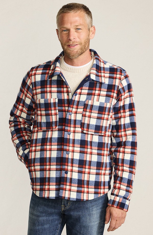 ランズ挙げ句のはて メンズ アウター 上衣・上衣 プルオーバー フリース Lands\u0027 End Anyweather Fleece Shirt Jacket Navy/Bourbon Plaid 米国海軍