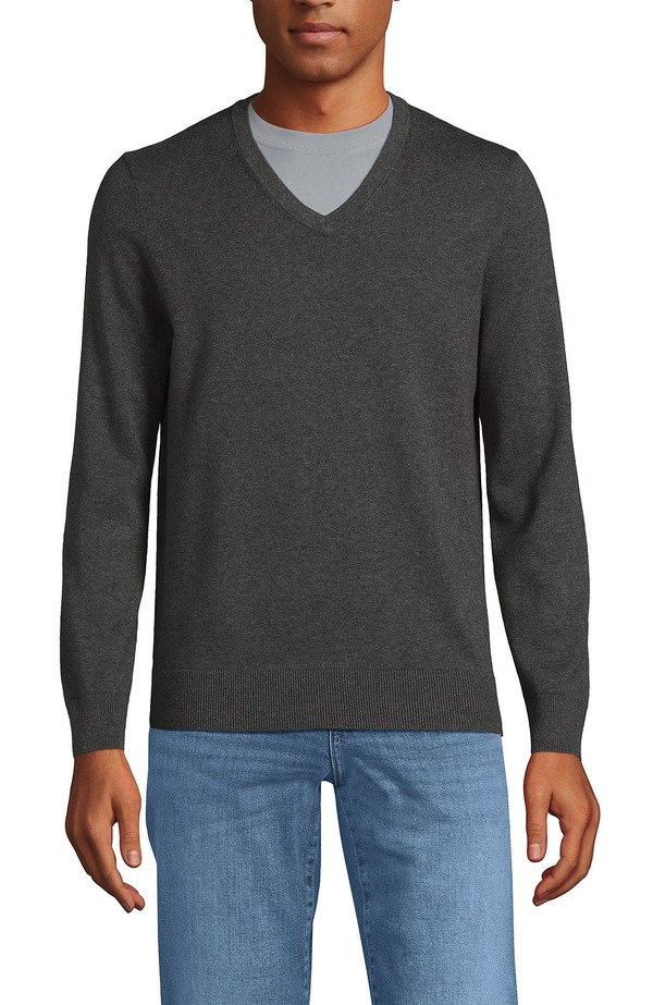 ランズエンド メンズ アウター パーカー・スウェット Vネック セーター コットン Lands' End Fine Gauge Cotton V Neck Sweater Charcoal Heather チャコール