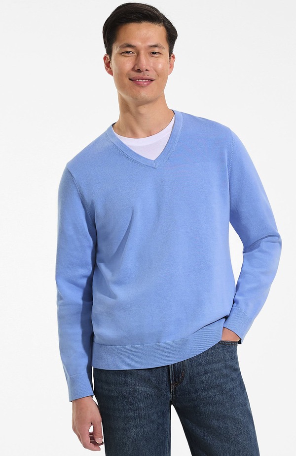 ランズエンド メンズ アウター パーカー・スウェット Vネック セーター コットン Lands' End Fine Gauge Cotton V Neck Sweater Soft French Blue ブルー