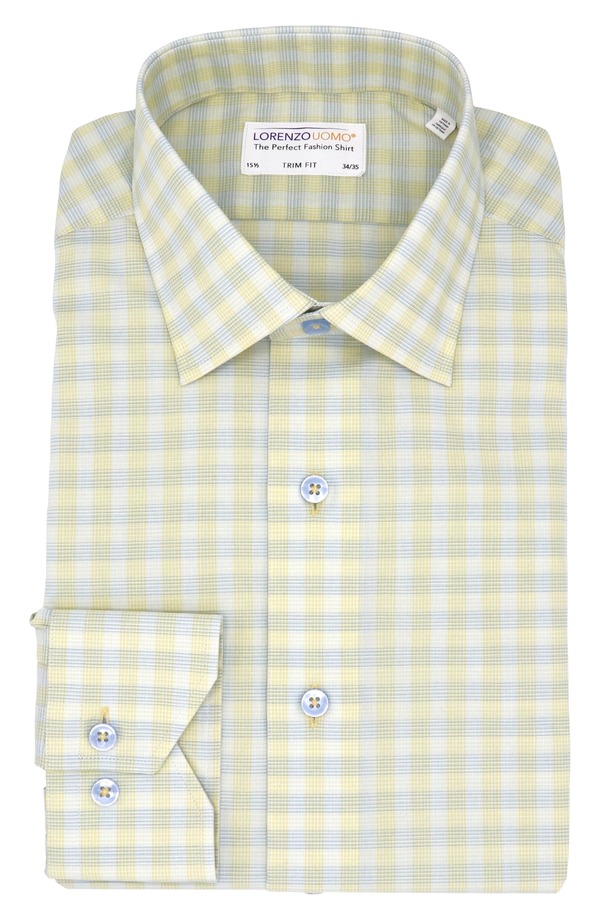 ロレンゾウオモ メンズ トップス シャツ コットン Lorenzo Uomo Trim Fit Check Stretch Cotton Dresshirt Yellow イエロー|ReVida 店