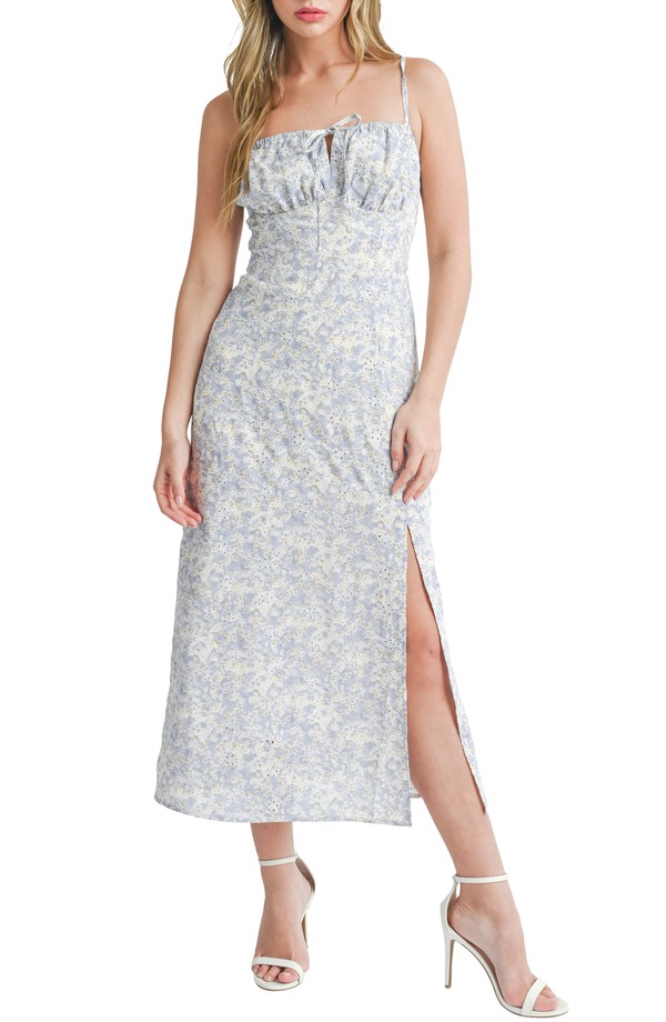 オールインフボール レディース トップス ワンピース ミディ All in Favor Eyelet Embroidery Midi Dress Blue Ivory アイボリー|ReVida 店