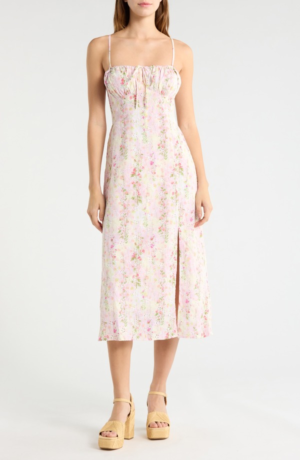 オールインフボール レディース トップス ワンピース フラワー柄 ミディ フラワー All in Favor Floral Eyelet Corset Midi Sundress Cream Pink クリーム|ReVida 店